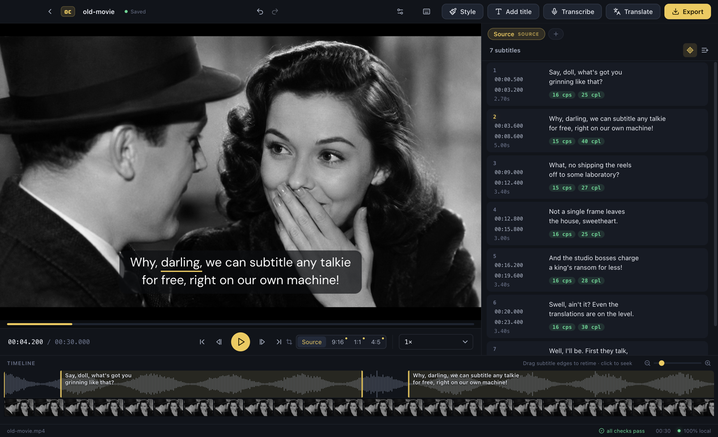 The Overcaption editor: a captioned video in the player, the subtitle list with timing checks, and the waveform timeline.